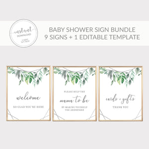 Geometric Silver Greenery Printable Baby Shower Sign Bundle, INSTANT DOWNLOAD, Editable Baby Shower Sign, Sip and See Decorations - GFS100 - @PlumPolkaDot 