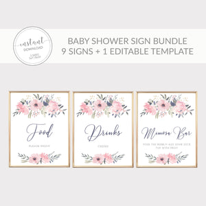 Navy and Blush Floral Printable Baby Shower Sign Bundle, INSTANT DOWNLOAD, Editable Baby Shower Sign, Sip and See Decorations - NB100 - @PlumPolkaDot 