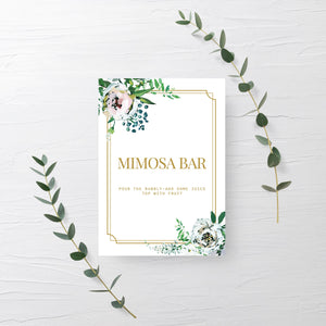 Blush Floral Greenery Mimosa Bar Sign Printable INSTANT DOWNLOAD, Wedding Decoration, Gold Bridal Shower Brunch Sign Bubbly Bar - BGF100 - @PlumPolkaDot 