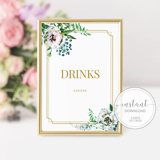 Blush Floral Greenery Drinks Sign Printable INSTANT DOWNLOAD, Gold Birthday, Baby Shower, Bridal Shower, Wedding Decoration - BGF100 - @PlumPolkaDot 