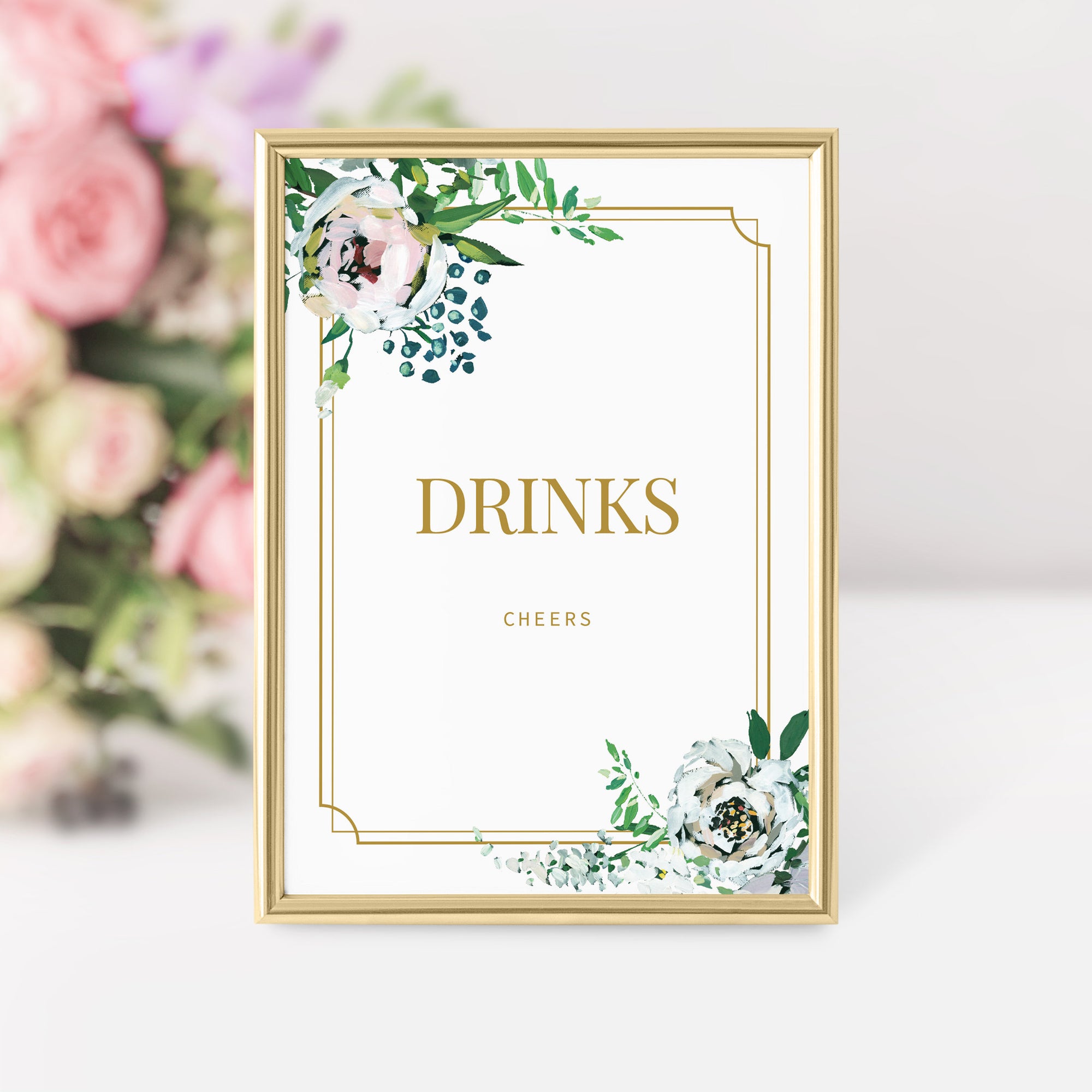 Blush Floral Greenery Drinks Sign Printable INSTANT DOWNLOAD, Gold Birthday, Baby Shower, Bridal Shower, Wedding Decoration - BGF100 - @PlumPolkaDot 