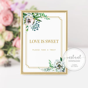 Blush Floral Greenery Love is Sweet Treat Sign Printable INSTANT DOWNLOAD, Gold Bridal Shower Dessert Table Decorations  - BGF100 - @PlumPolkaDot 