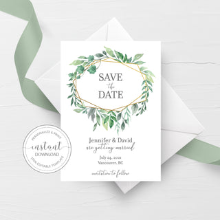 Greenery Save The Date Card, Editable Save The Date Template, Gold Geometric Wedding Stationary, 5x7 - GFG100 - @PlumPolkaDot 