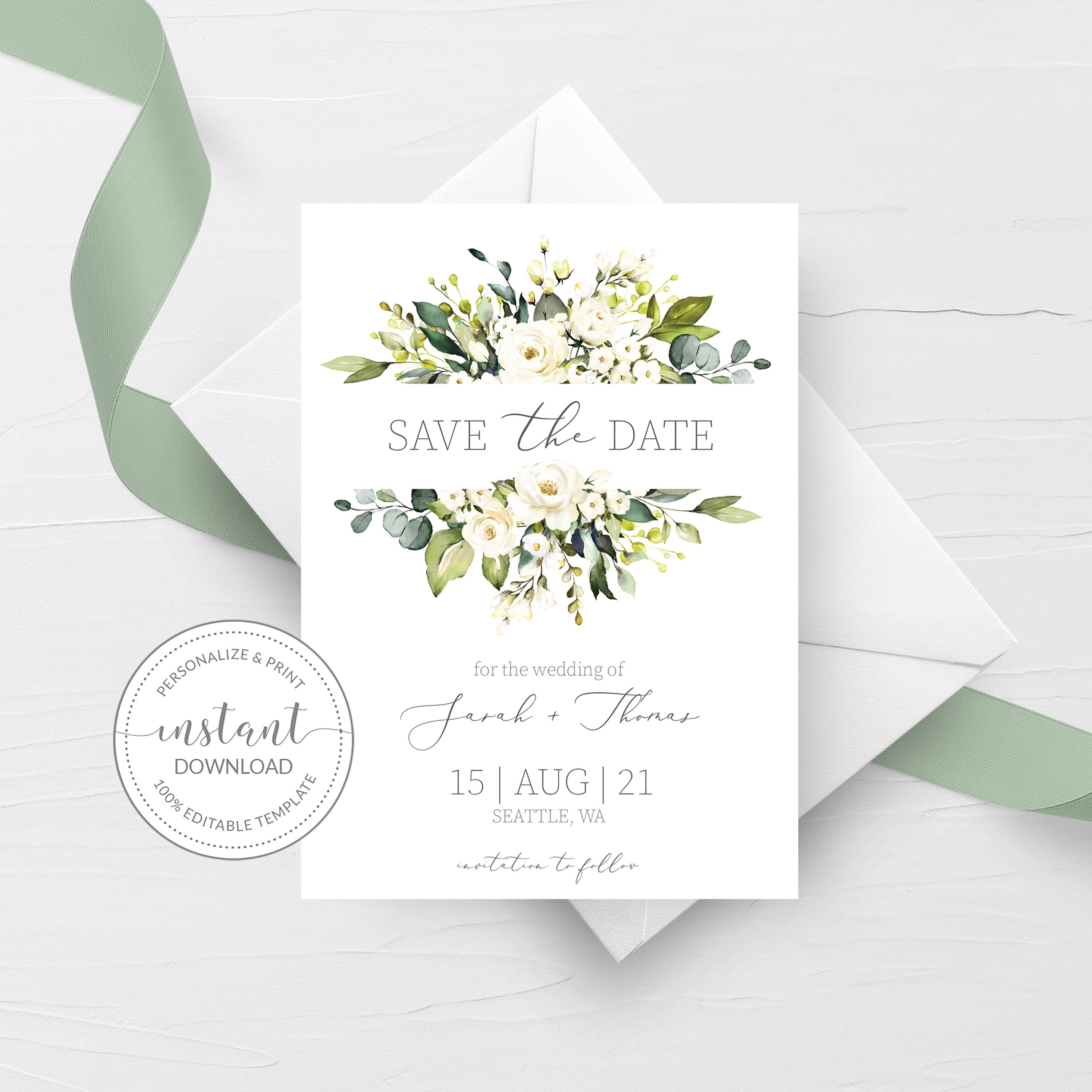 Greenery Save The Date Card, Editable Wedding Engagement Announcement Ideas, White Floral Save The Date Template, 5x7 - WRG100 - @PlumPolkaDot 