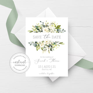 Greenery Save The Date Card, Editable Wedding Engagement Announcement Ideas, White Floral Save The Date Template, 5x7 - WRG100 - @PlumPolkaDot 
