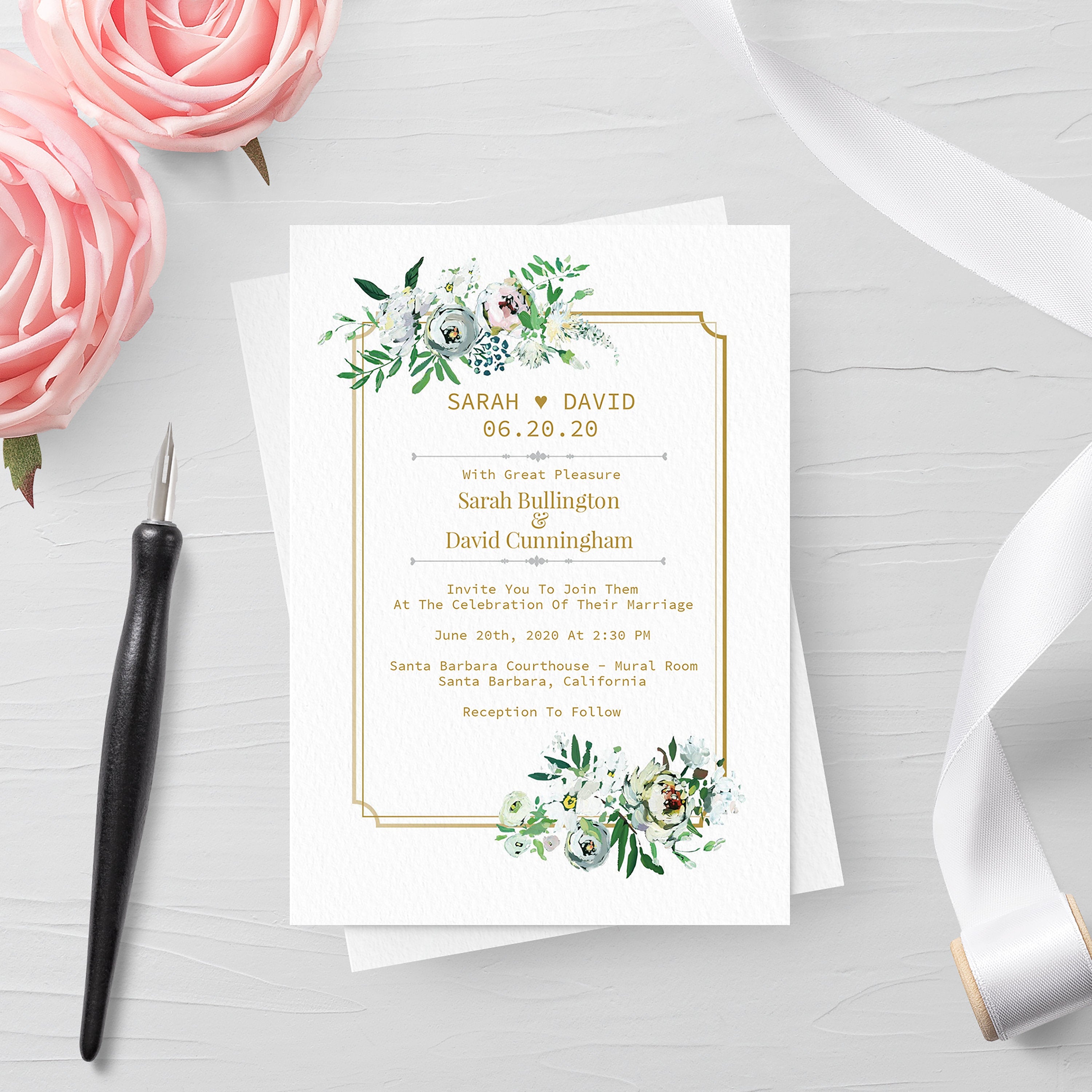 Blush and Gold Floral Wedding Invitation Template with Greenery, INSTANT DOWNLOAD, Editable Wedding Invitation Suite Printable Set - BGF100 - @PlumPolkaDot 