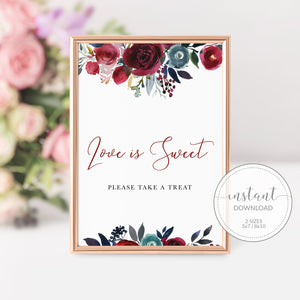 Burgundy and Navy Wedding Sign, Love Is Sweet Take a Treat Sign, Burgundy Bridal Shower Decorations, INSTANT DOWNLOAD - BB100 - @PlumPolkaDot 