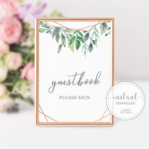 Geometric Rose Gold Greenery Printable Guestbook Sign INSTANT DOWNLOAD, Bridal Shower, Baby Shower, Wedding Decorations Supplies - GFRG100 - @PlumPolkaDot 