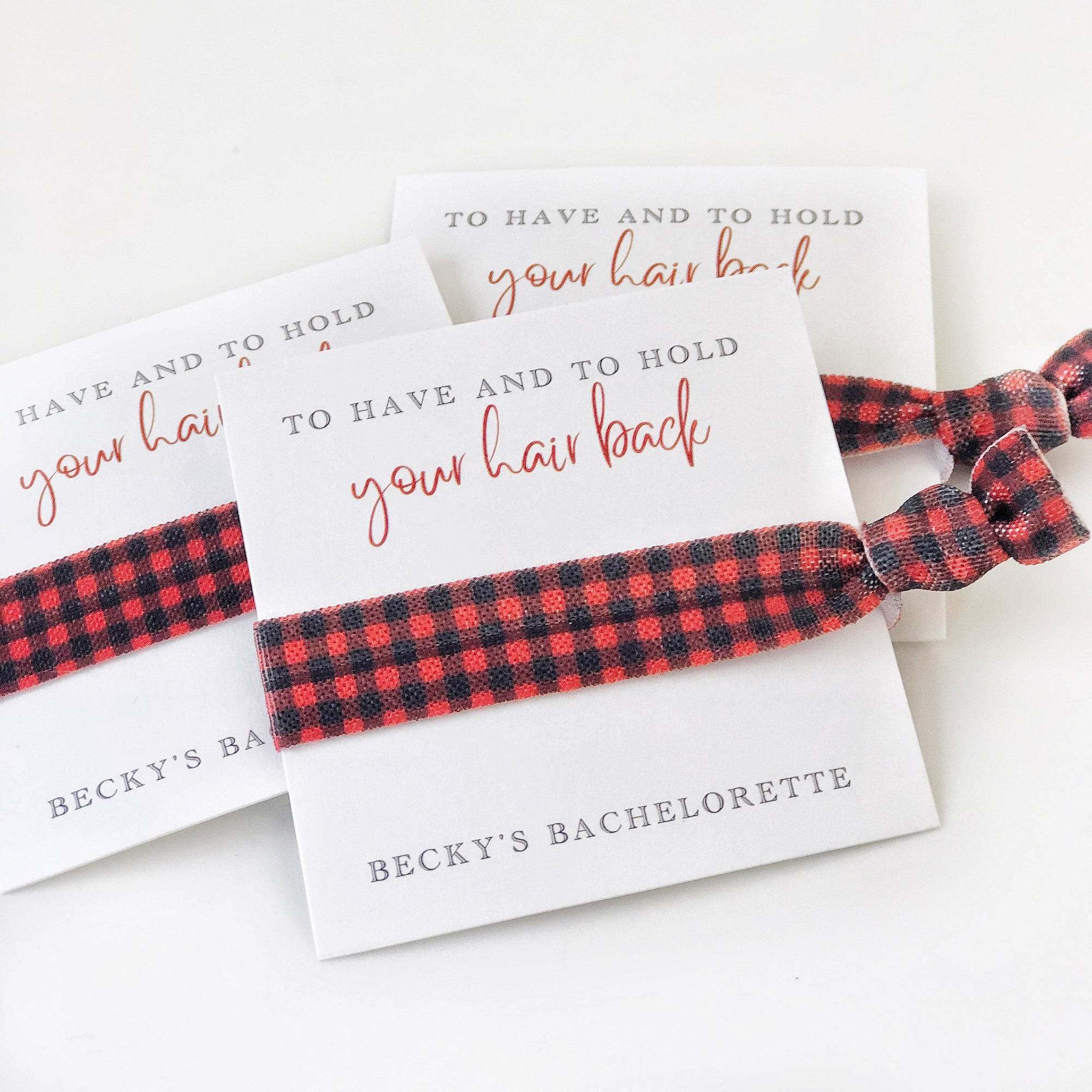 To Have and To Hold Your Hair Back, Buffalo Plaid Hair Tie Bachelorette Favor, Bachelorette Party Decor, Flannel Fling Before The Ring BP100 - @PlumPolkaDot 