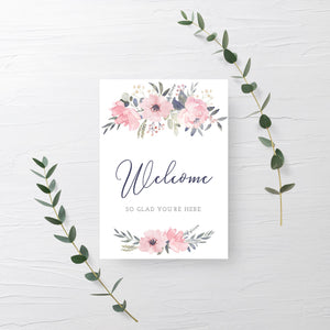 Navy And Blush Floral Printable Welcome Sign INSTANT DOWNLOAD, Birthday, Bridal Shower, Baby Shower, Wedding Decorations Supplies - NB100 - @PlumPolkaDot 