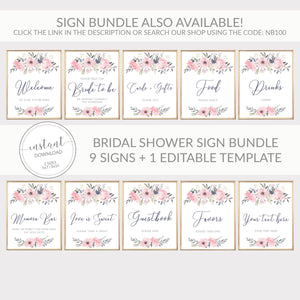 Navy and Blush Floral Printable Drinks Sign INSTANT DOWNLOAD, Birthday, Bridal Shower, Baby Shower, Wedding Decorations and Supplies - NB100 - @PlumPolkaDot 