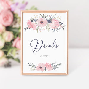 Navy and Blush Floral Printable Drinks Sign INSTANT DOWNLOAD, Birthday, Bridal Shower, Baby Shower, Wedding Decorations and Supplies - NB100 - @PlumPolkaDot 