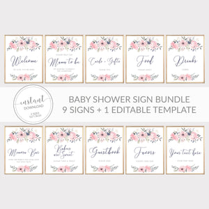 Navy and Blush Floral Printable Baby Shower Sign Bundle, INSTANT DOWNLOAD, Editable Baby Shower Sign, Sip and See Decorations - NB100 - @PlumPolkaDot 
