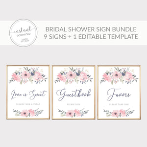 Navy and Blush Floral Printable Bridal Shower Sign Bundle, INSTANT DOWNLOAD, Editable Bridal Shower Sign, Decorations and Supplies - NB100 - @PlumPolkaDot 