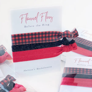 Flannel Fling Before the Ring, Hair Tie Favors, Flannel Fling Bachelorette Party Hair Ties, Personalized Bridal Shower Favors - BP100 - @PlumPolkaDot 