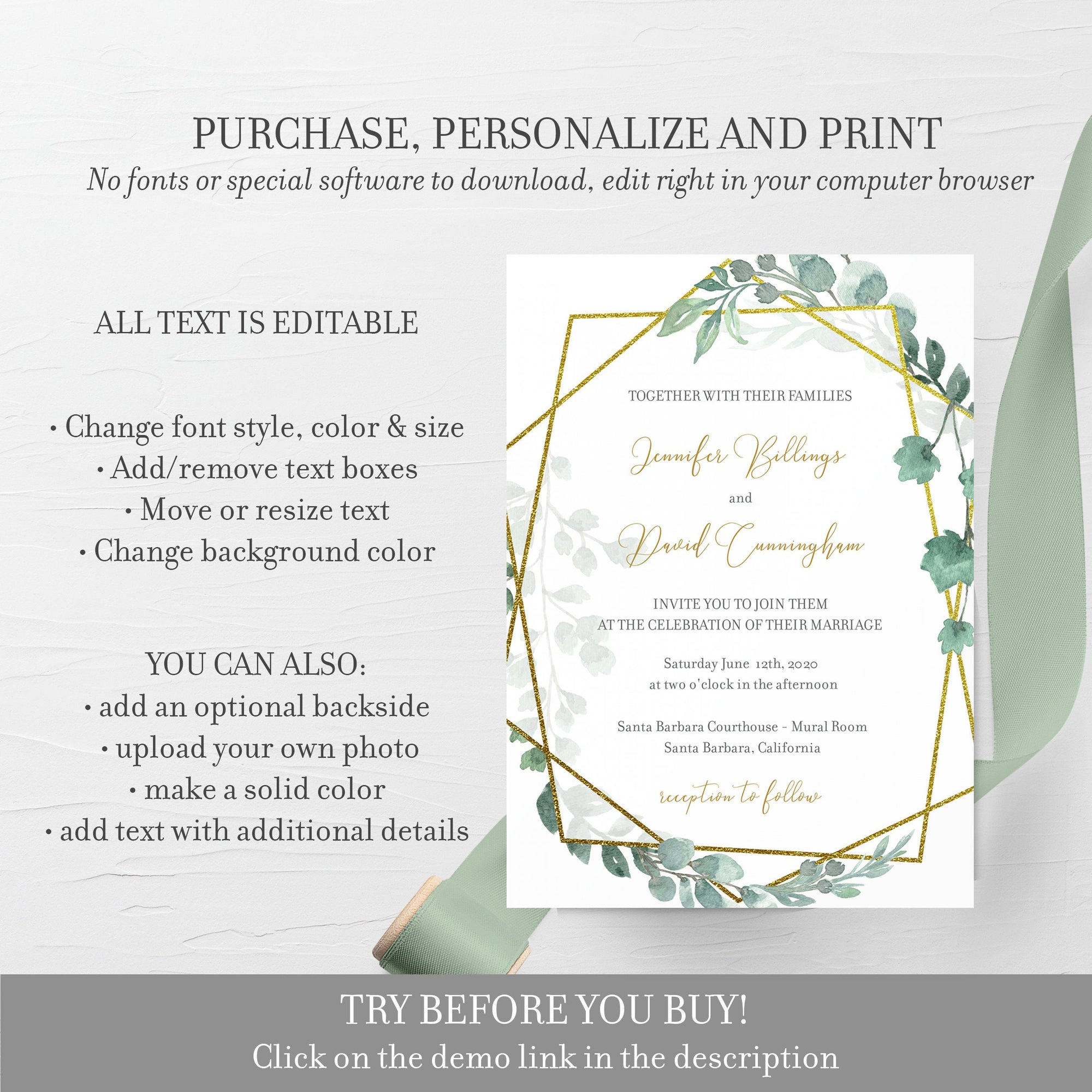 Greenery Wedding Invitation Template, Gold Geometric Wedding Invitation, Editable Wedding Invitation Suite, INSTANT DOWNLOAD - GFG100 - @PlumPolkaDot 