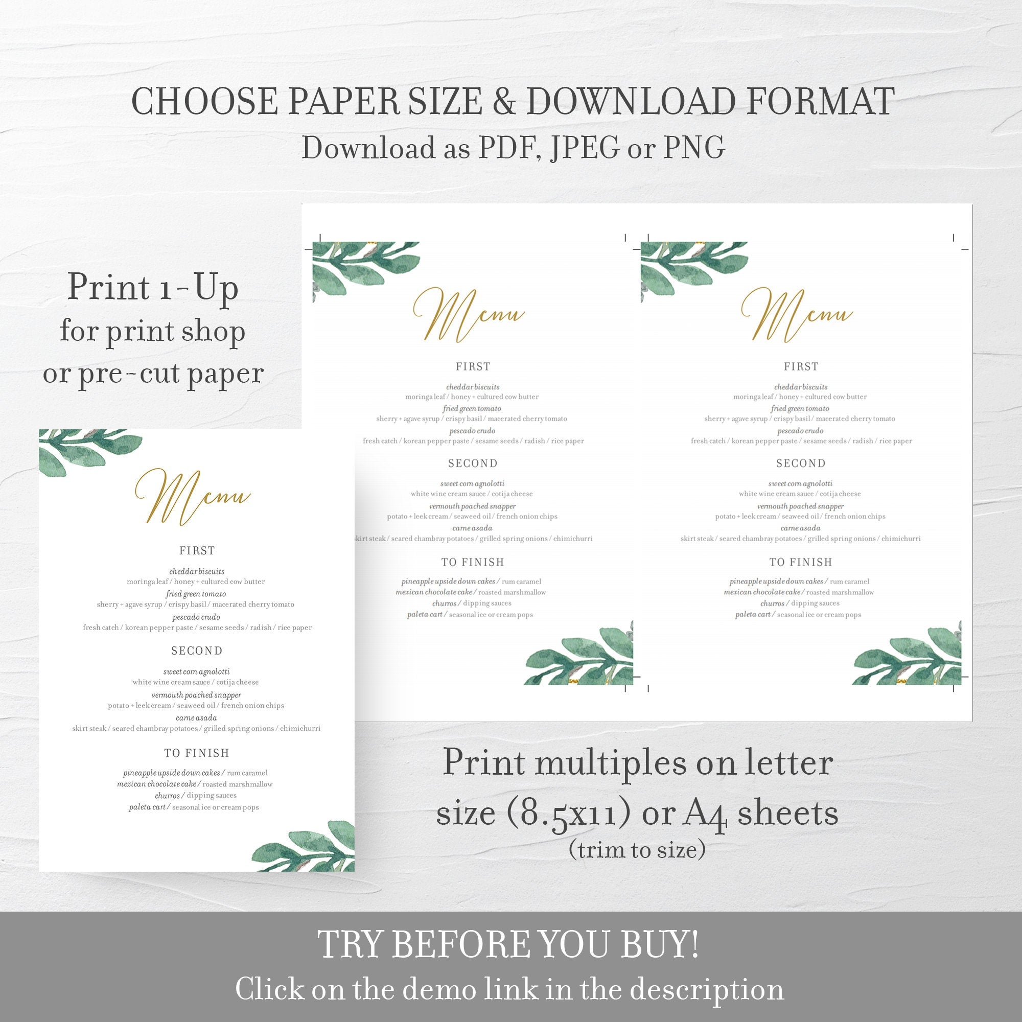 Greenery Wedding Menu Template, Greenery Menu Editable Download, Editable Menu Cards, Printable Menu, 4x9 & 5x7 - GFG100 - @PlumPolkaDot 