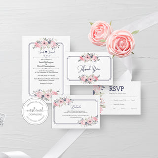 Navy and Blush Wedding Invitation Template, Editable Wedding Invitation Suite Printable, Floral Wedding Invite Set, INSTANT DOWNLOAD - NB100 - @PlumPolkaDot 