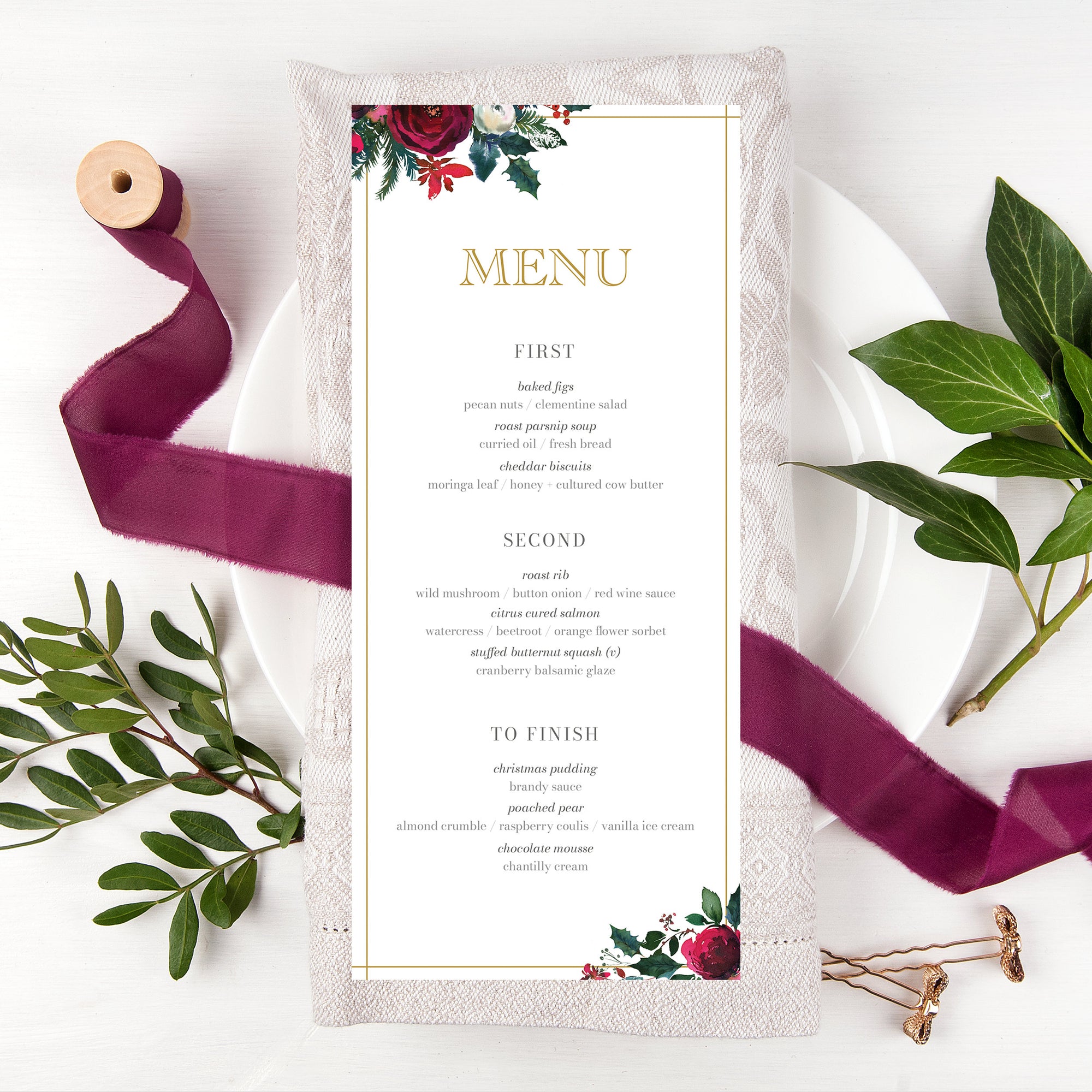 Christmas Wedding Menu Template Printable, Winter Wedding Menu, Editab - PlumPolkaDot christmas-wedding-menu-template-printable-winter-wedding-menu-editab-plumpolkadot