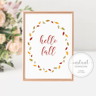 Hello Fall Sign, Hello Fall Printable, Fall Decor Leaves, Fall Decorations for Home, Fall Printable Art, INSTANT DOWNLOAD - FL100 - @PlumPolkaDot 