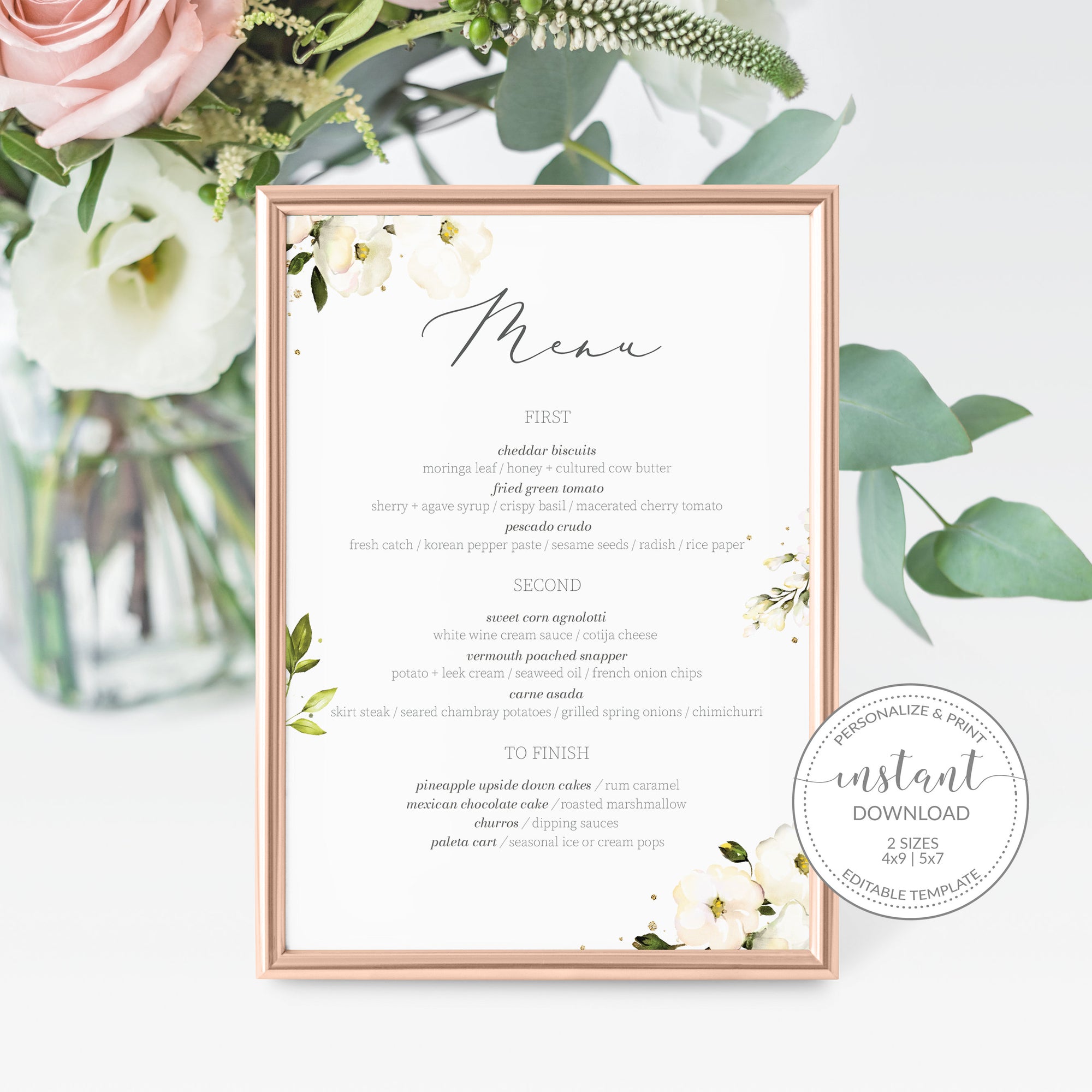 White Floral Greenery Wedding Menu Template, Editable Menu Cards, Printable Menu, DIGITAL DOWNLOAD 4x9 & 5x7 - WRG100 - @PlumPolkaDot 