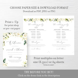 White Floral Greenery Wedding Program Template, Wedding Ceremony Programs, Editable Wedding Program, 5x7 DIGITAL DOWNLOAD - WRG100 - @PlumPolkaDot 