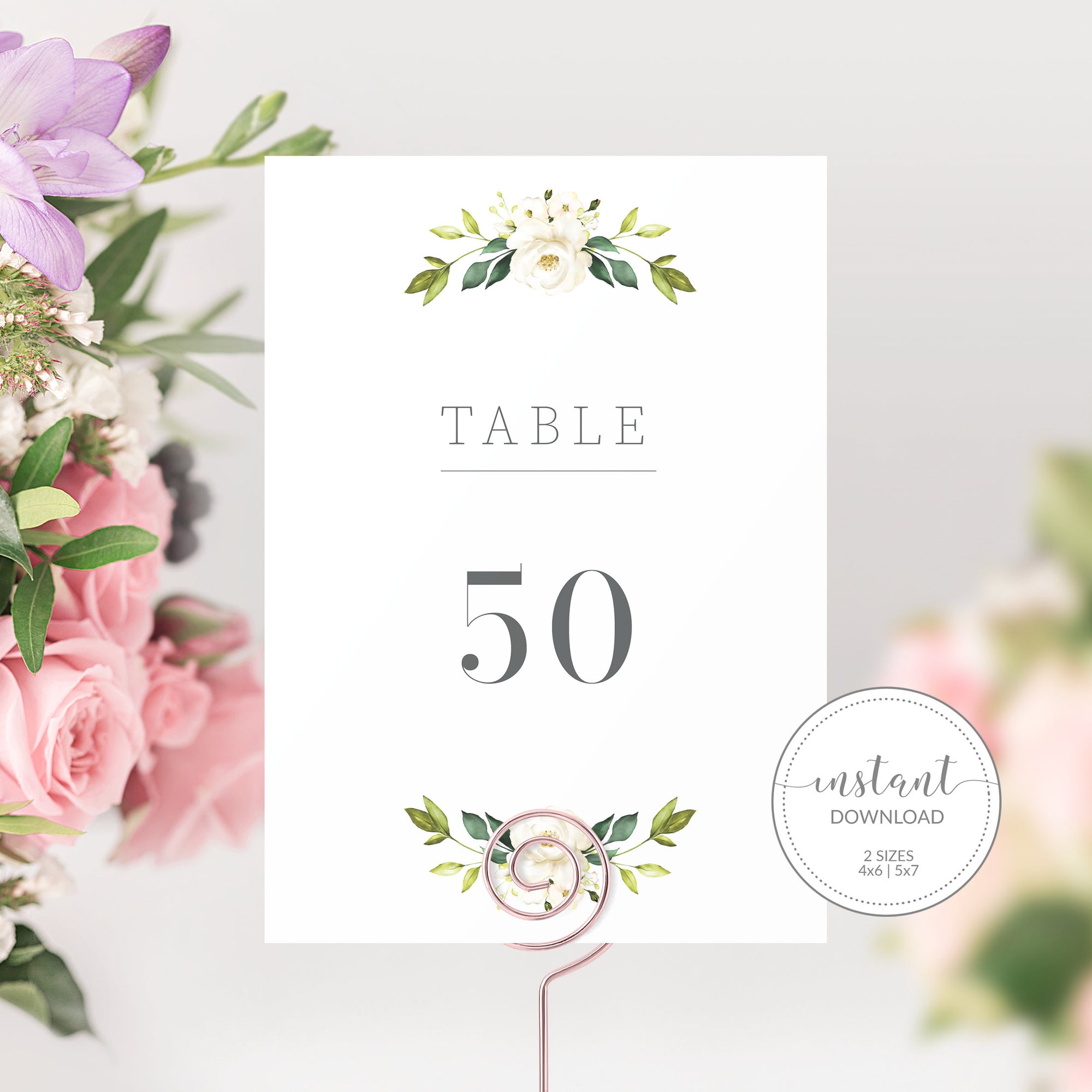 White Floral Greenery Wedding Table Numbers 1-50, Table Number Cards Wedding, Table Numbers 4x6 and 5x7, Printable INSTANT DOWNLOAD - WRG100 - @PlumPolkaDot 