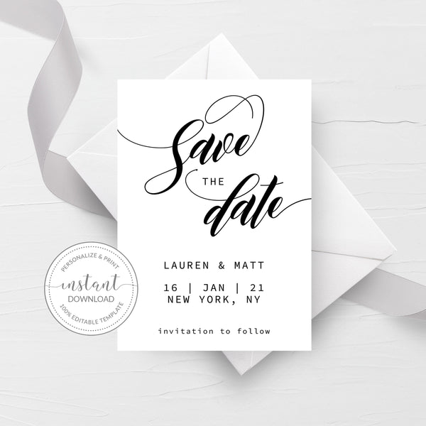 Black Script Save The Date Template Printable, Minimalist Wedding Anno - PlumPolkaDot Black Script Save The Date Template Printable, Minimalist Wedding Anno - PlumPolkaDot