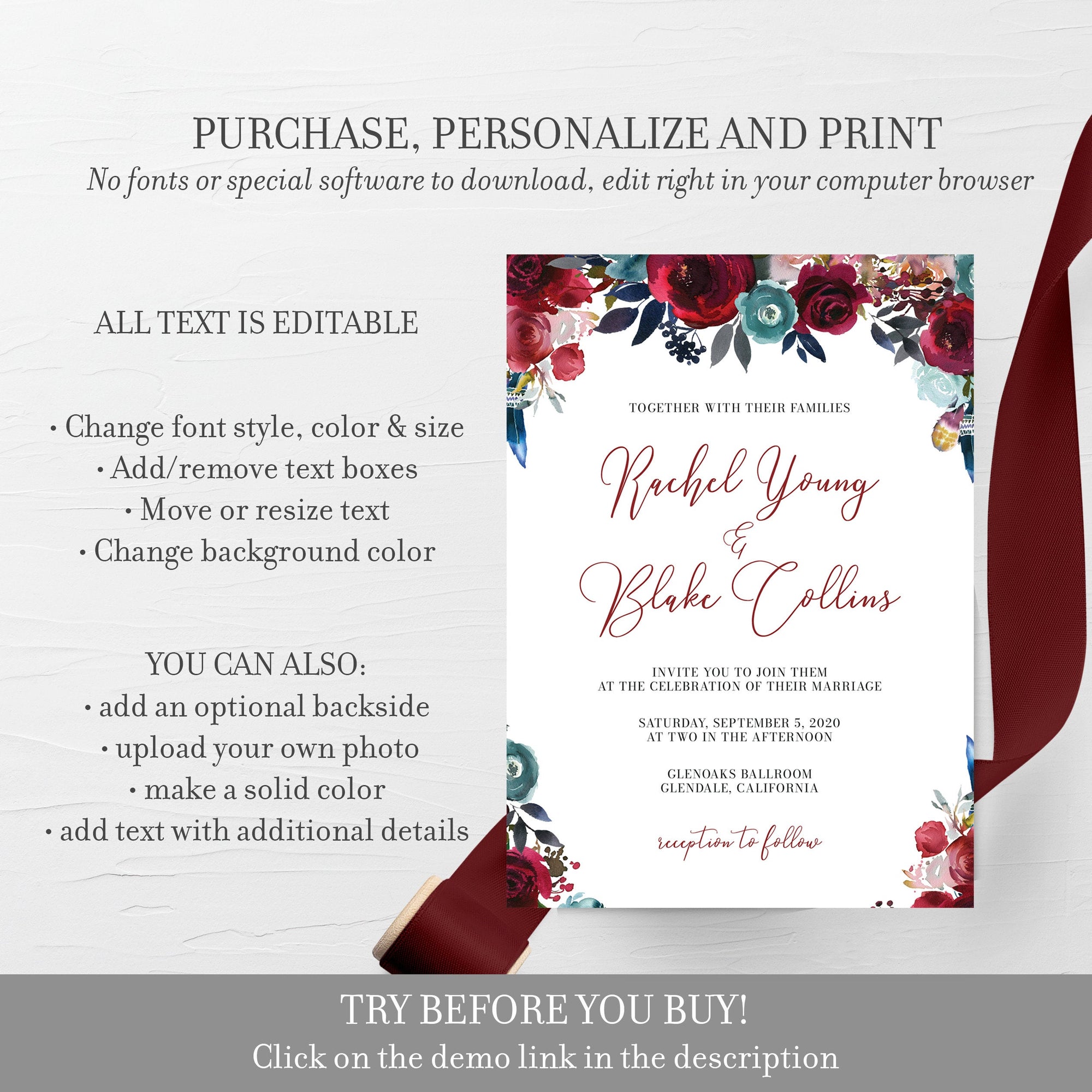 Burgundy and Navy Wedding Invitation Template, Printable Wedding Invitation Suite, Editable Wedding Invitation, DIGITAL DOWNLOAD - BB100 - @PlumPolkaDot 
