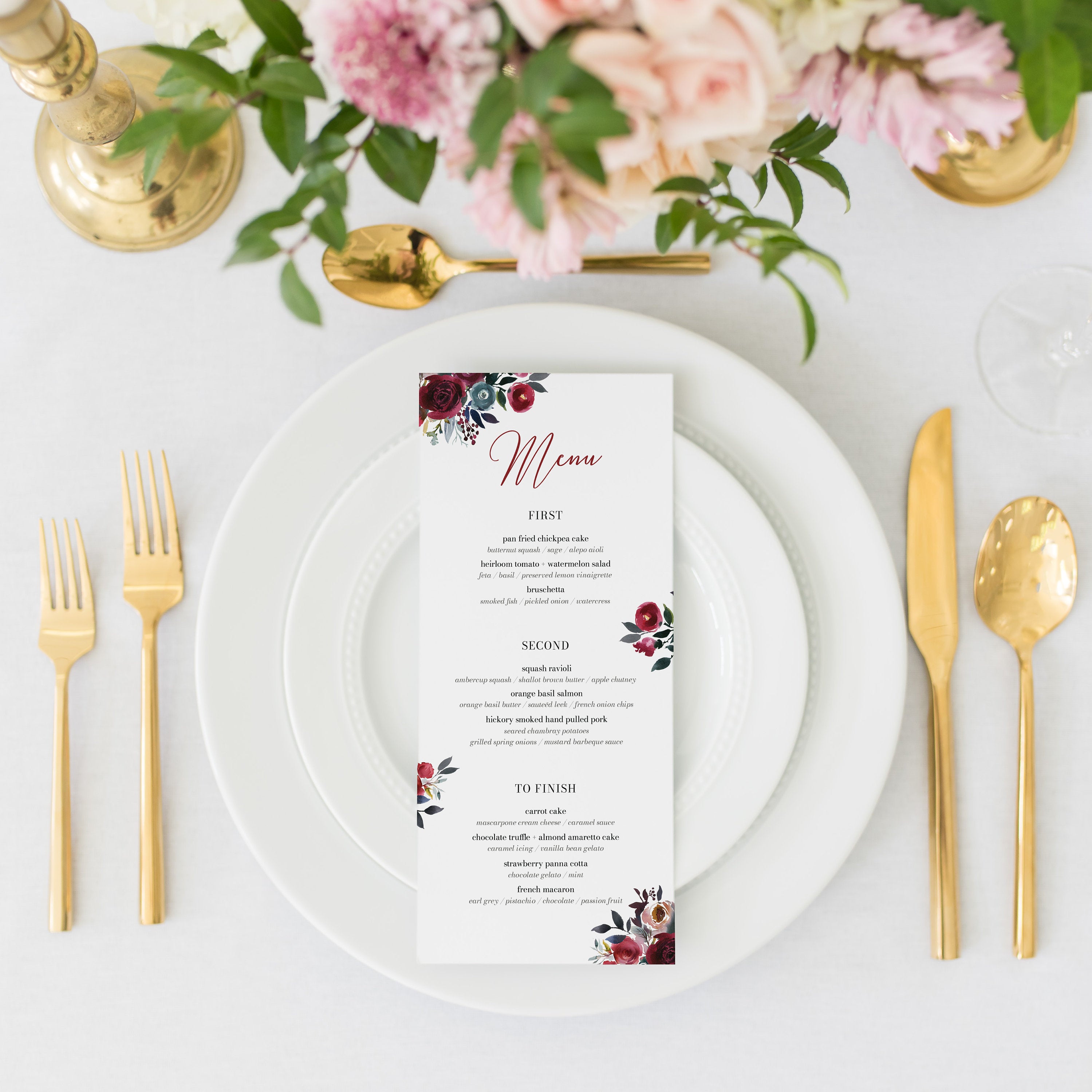 Burgundy and Navy Wedding Menu Template Download, Winter Wedding Menu Editable Download, Printable Menu 4x9 & 5x7 - BB100 - @PlumPolkaDot 