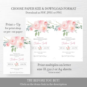 Tea Party Bridal Shower Invitation Template, Pink Floral Bridal Shower Invite Printable, Editable DIGITAL DOWNLOAD - FR100 - @PlumPolkaDot 