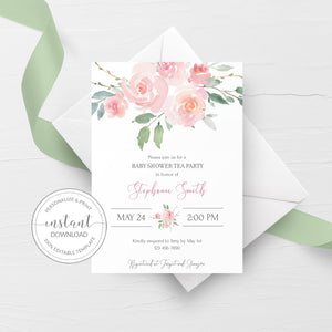 Tea Party Baby Shower Invitation Template, Pink Floral Baby Shower Invite Printable, Editable DIGITAL DOWNLOAD - FR100 - @PlumPolkaDot 