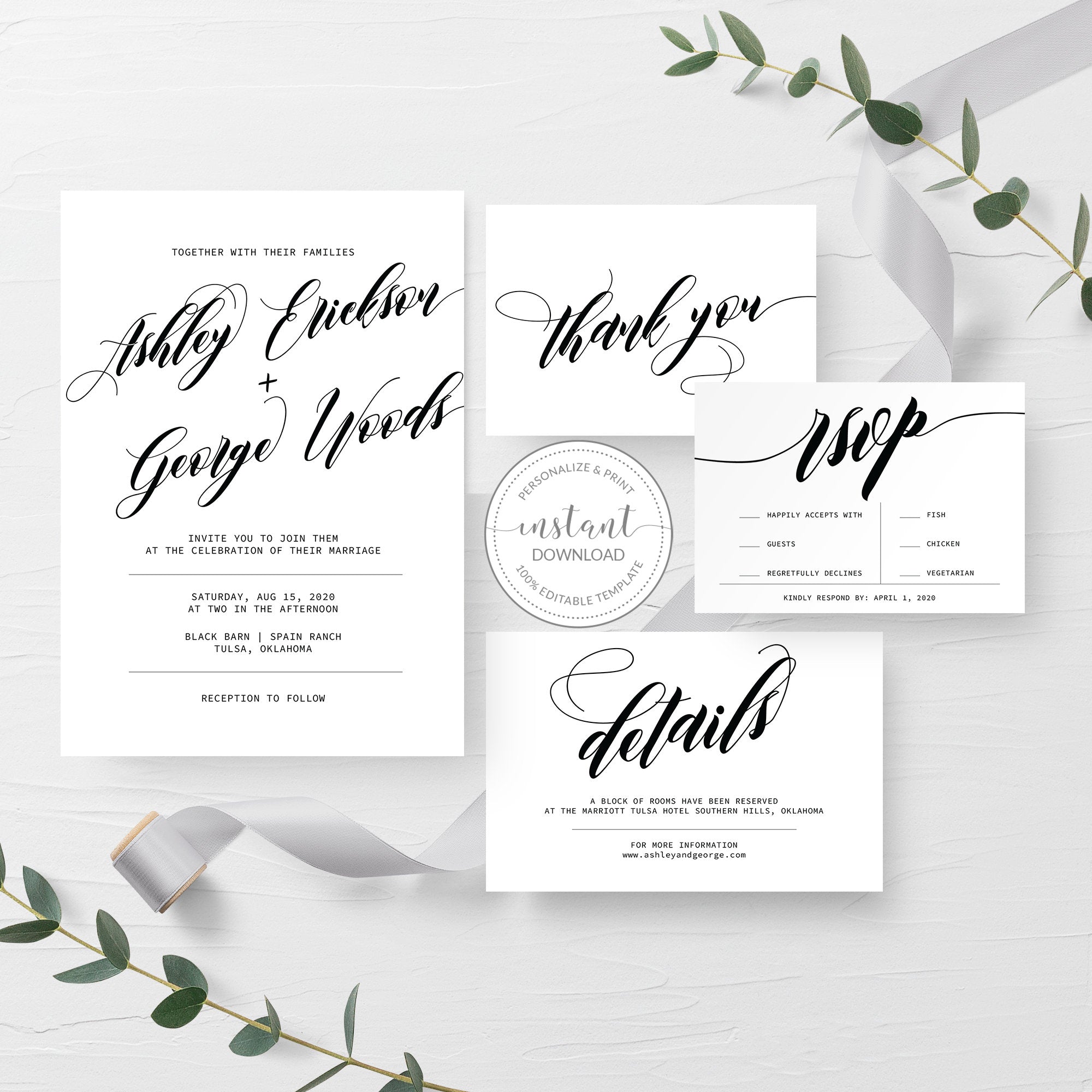 Black Script Wedding Invitation Suite Template, Printable Minimalist W - PlumPolkaDot black-script-wedding-invitation-suite-template-printable-minimalist-w-plumpolkadot
