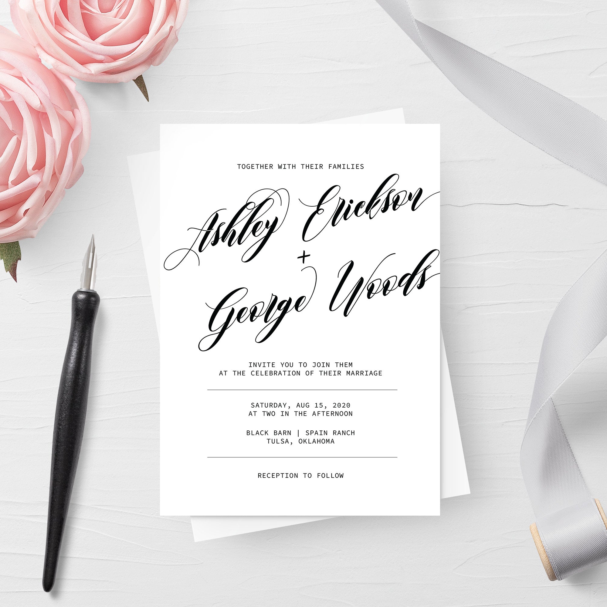 Black Script Wedding Invitation Template, Printable Wedding Invitation Suite, Editable Wedding Invitation, DIGITAL DOWNLOAD - SFB100 - @PlumPolkaDot 
