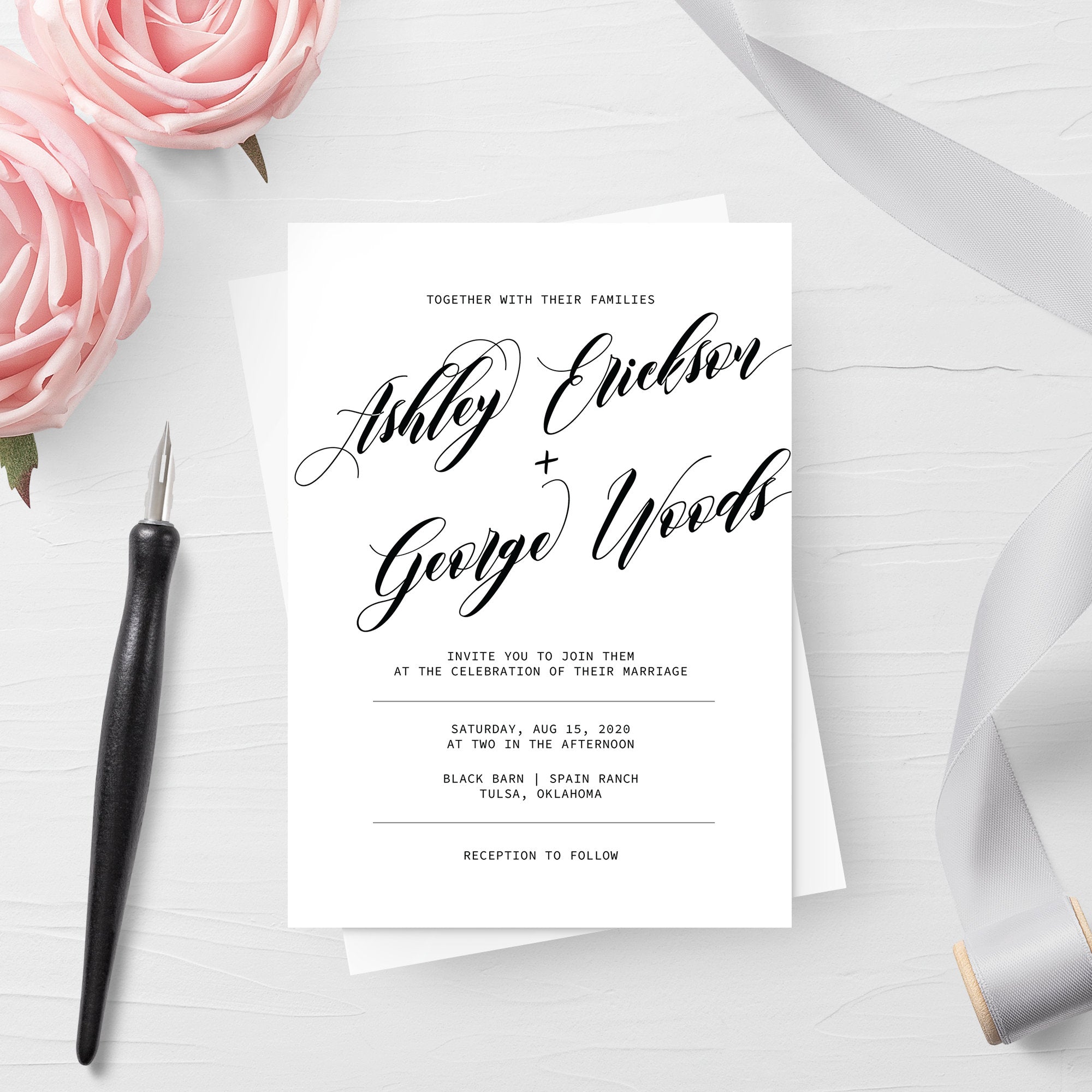 Black Script Wedding Invitation Suite Template, Printable Minimalist W - PlumPolkaDot black-script-wedding-invitation-suite-template-printable-minimalist-w-plumpolkadot