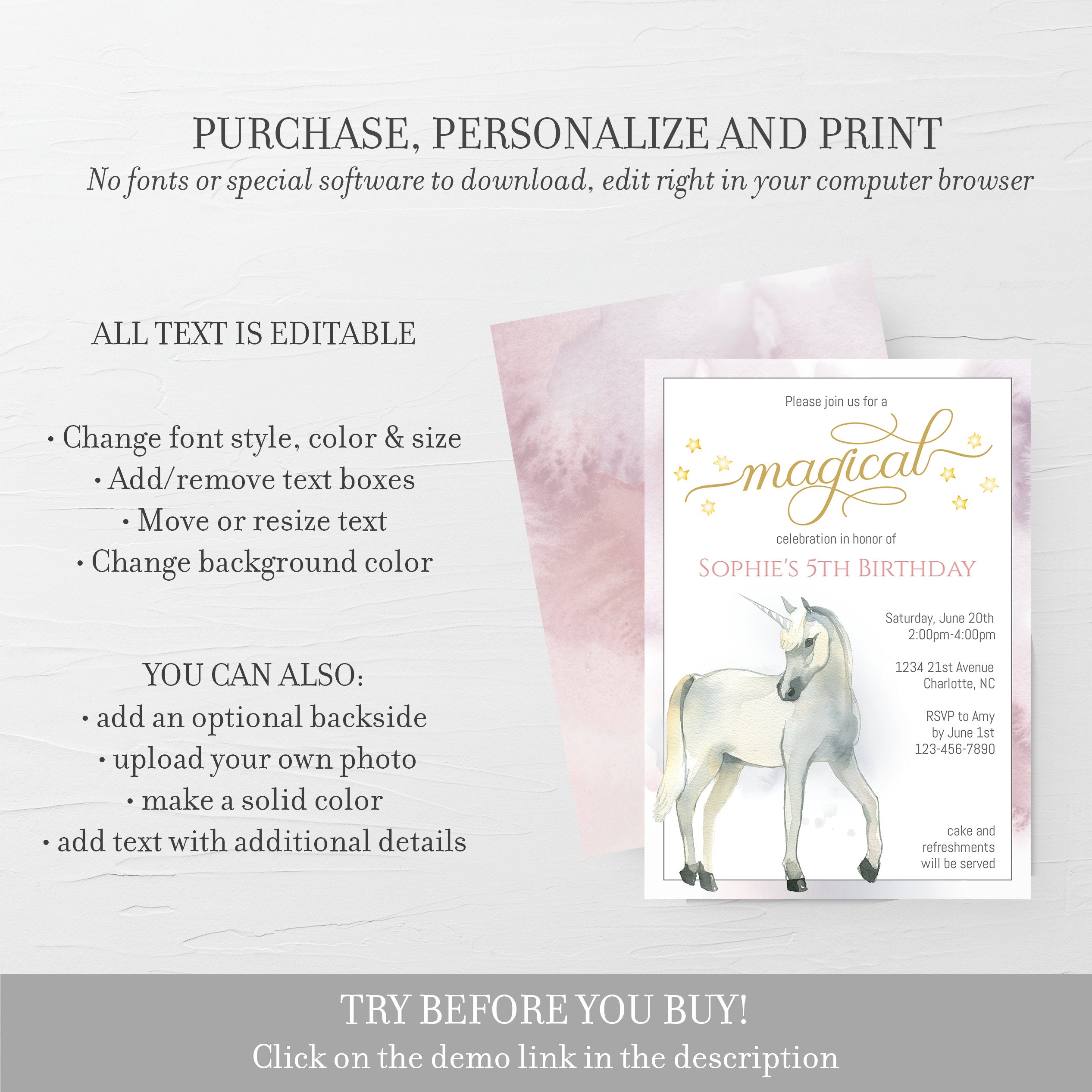 Unicorn Invitation Download, Magical Unicorn Invite Template Printable, Unicorn Birthday Invitation, Editable DIGITAL DOWNLOAD - D200 - @PlumPolkaDot 