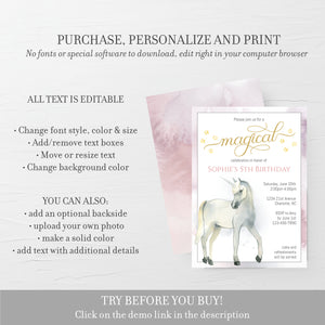 Unicorn Invitation Download, Magical Unicorn Invite Template Printable, Unicorn Birthday Invitation, Editable DIGITAL DOWNLOAD - D200 - @PlumPolkaDot 