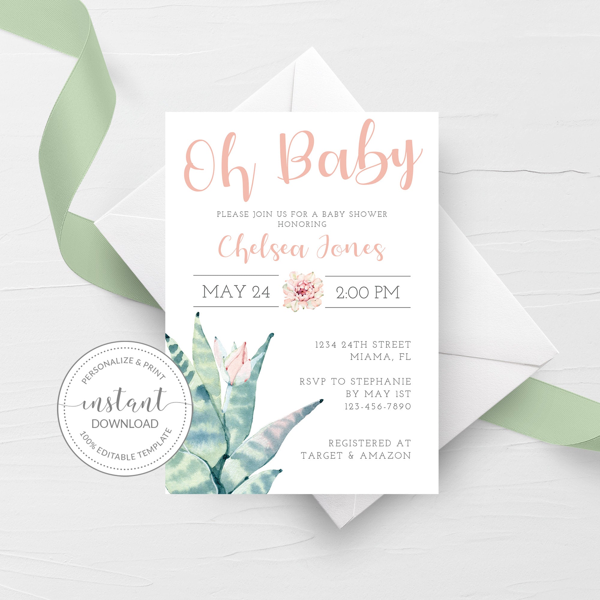 succulent invitations Succulent Baby Shower Invitation Template, Printable Girl Baby Shower