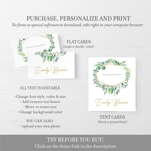 Greenery Wedding Place Card Template, Wedding Name Cards, Editable Printable Place Cards, DIGITAL DOWNLOAD - GFG100 - @PlumPolkaDot 