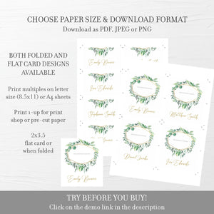 Greenery Wedding Place Card Template, Wedding Name Cards, Editable Printable Place Cards, DIGITAL DOWNLOAD - GFG100 - @PlumPolkaDot 