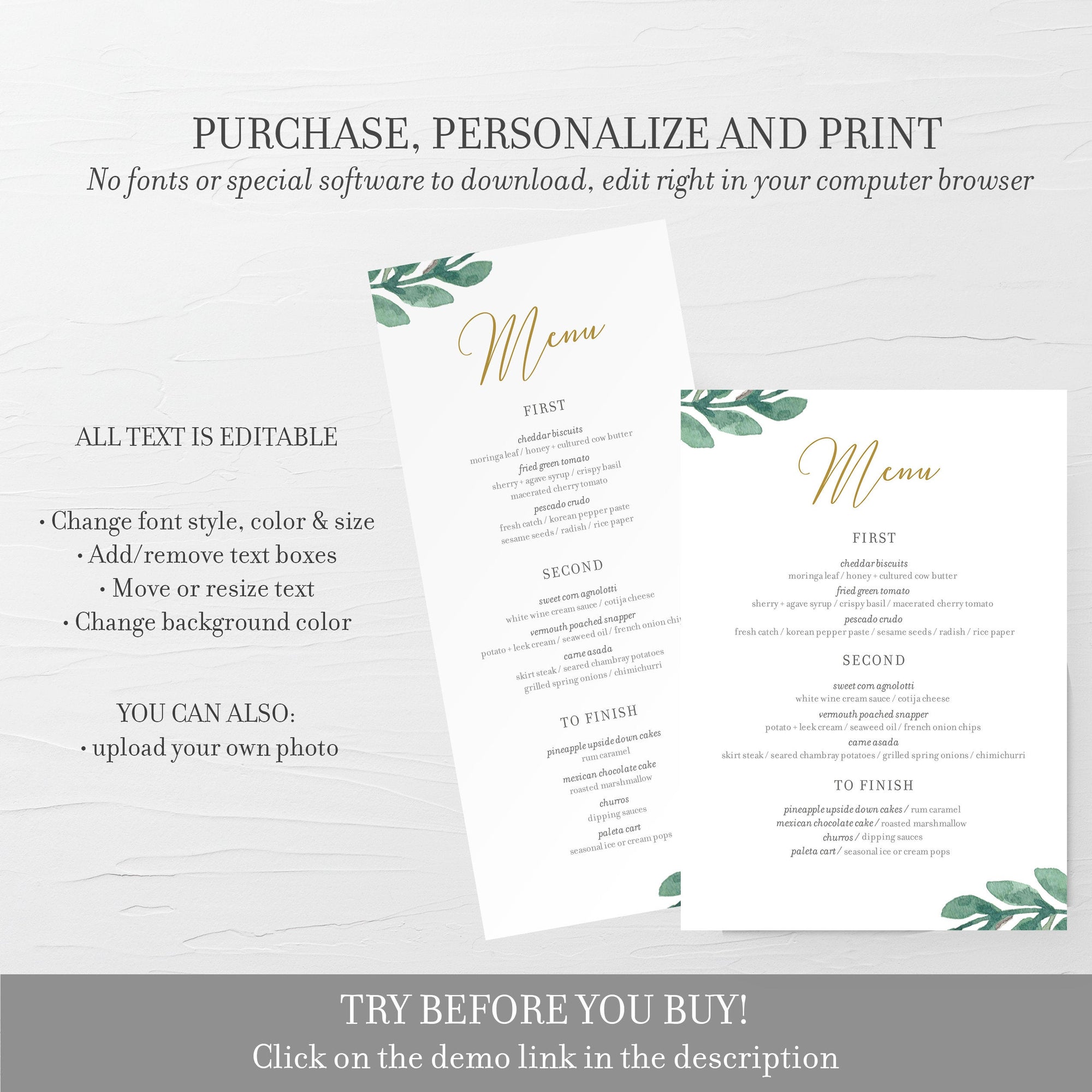 Greenery Wedding Menu Template, Greenery Menu Editable Download, Editable Menu Cards, Printable Menu, 4x9 & 5x7 - GFG100 - @PlumPolkaDot 