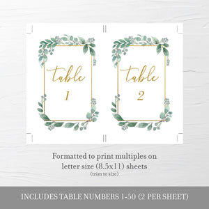 Greenery Wedding Table Numbers 1-50, Table Number Cards Wedding, Table Numbers 4x6 and 5x7, Printable INSTANT DOWNLOAD - GFG100 - @PlumPolkaDot 
