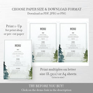 Woodland Wedding Menu Template Download, Pine Tree Forest Wedding Menu Editable Download, Rustic Menu Printable 4x9 & 5x7 - D100 - @PlumPolkaDot 