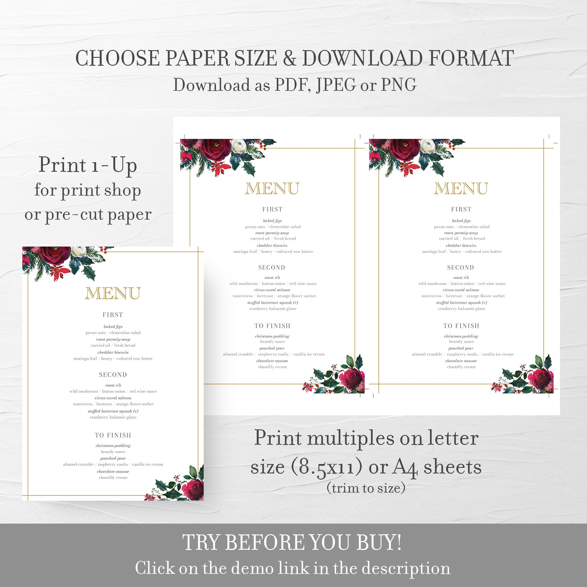 Christmas Menu Template, Christmas Table Decor, Christmas Dinner Menu Printable, Editable DIGITAL DOWNLOAD - CG100 - @PlumPolkaDot 