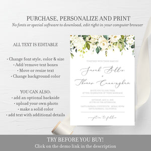 White Floral Greenery Wedding Invitation Template, Printable Wedding Invitation Set, Editable Wedding Invitation, DIGITAL DOWNLOAD - WRG100 - @PlumPolkaDot 