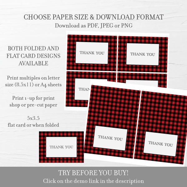 Buffalo Plaid Thank You Card Template, Printable Lumberjack Baby Showe ...