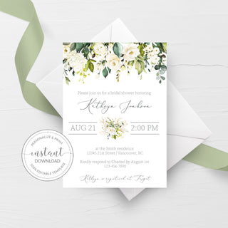 White Floral Greenery Bridal Shower Invitation Template, Printable Bridal Shower Invite, Editable DIGITAL DOWNLOAD - WRG100 - @PlumPolkaDot 