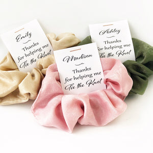 Bridesmaid Gift, Hair Scrunchies, Small Bridal Party Gifts, Thanks for Helping Me Tie The Knot, Personalized Flower Girl Gift - @PlumPolkaDot 