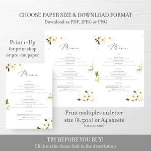 White Floral Greenery Wedding Menu Template, Editable Menu Cards, Printable Menu, DIGITAL DOWNLOAD 4x9 & 5x7 - WRG100 - @PlumPolkaDot 