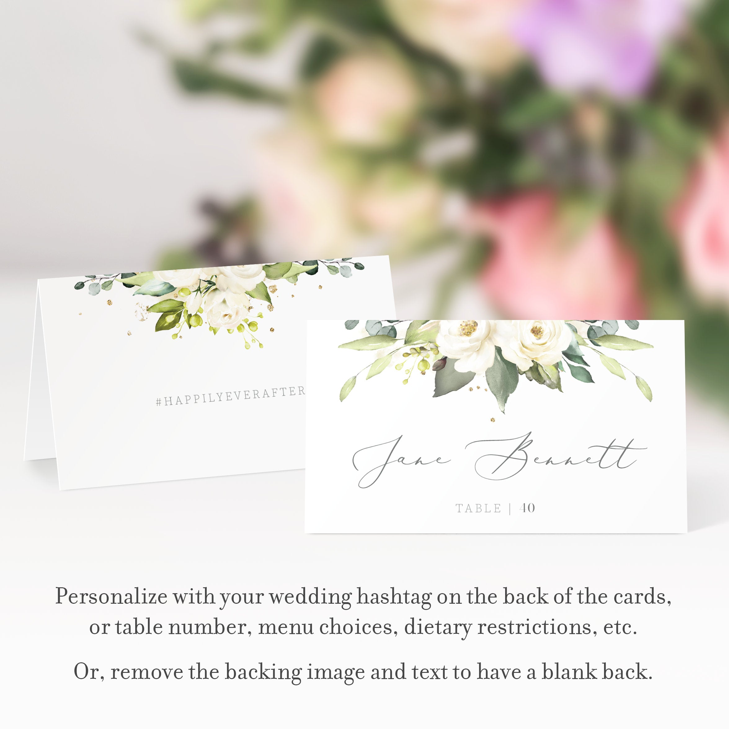 White Floral Greenery Wedding Place Card Template, Personalized Wedding Name Cards, Printable Place Cards, DIGITAL DOWNLOAD - WRG100 - @PlumPolkaDot 